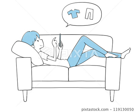 Shopping: A man relaxing on a sofa while looking at his mobile phone 119130050
