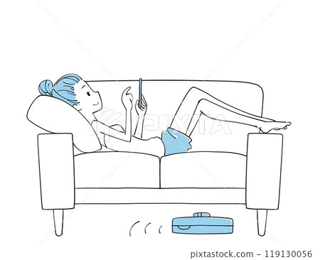 Cleaning robot Woman relaxing on the sofa while looking at her mobile phone Cleaning robot Woman relaxing on the sofa while looking at her mobile phone 119130056