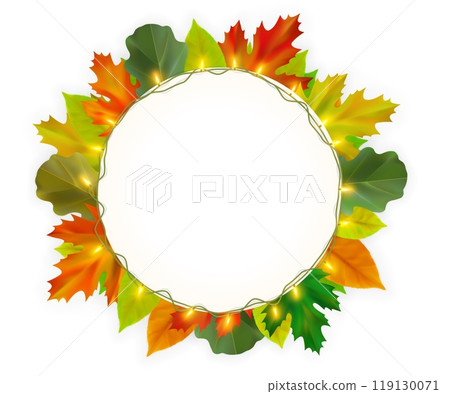 Fall card with realistic autumn leaves and lights garland. Decorative border of maple, oak autumn leaves and string of lights. Vector illustration 119130071