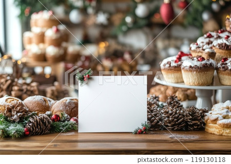 Blank white menu mockup on tabletop in pastry shop decorated for Christmas Blank white menu mockup on tabletop in pastry shop decorated for Christmas 119130118