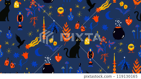 Magical witch background pattern, seamless texture, black cat silhouette, crows, dried herbs and poisons in bottles. Cute helloween backdrop 119130165