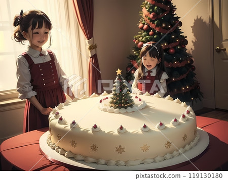 The illustration shows children delighted with a wide, horizontal, voluminous Christmas cake. The illustration shows children delighted with a wide, horizontal, voluminous Christmas cake. 119130180