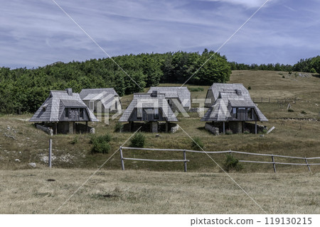 Montenegro, Houses in the landscape of Durmitor National Park. Montenegro, Houses in the landscape of Durmitor National Park. 119130215