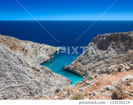 Secluded beach surrounded by cliffs (Seitan Limaniya, Crete, Greece) 119130224