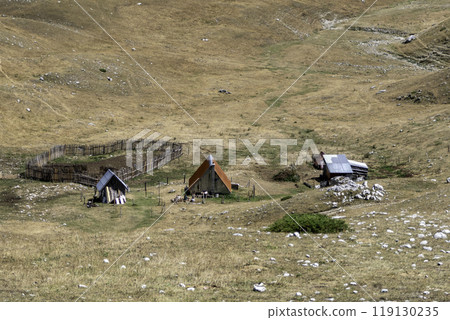 Montenegro, Houses in the landscape of Durmitor National Park. 119130235