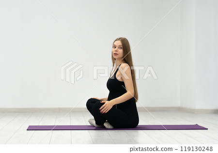 woman fitness health motherhood expecting pregnancy belly female pregnant yoga mother exercise 119130248