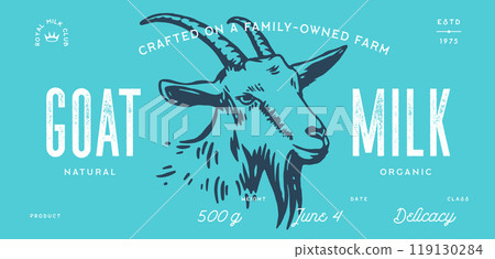 Goat. Vintage retro print, black white goat drawing, sketch ink pencil draw, engrave old school style. Template tag label, sticker packaging, meat farm shop pack, goat. Vector Illustration Goat. Vintage retro print, black white goat drawing, sketch ink pencil draw, engrave old school style. Template tag label, sticker packaging, meat farm shop pack, goat. Vector Illustration 119130284