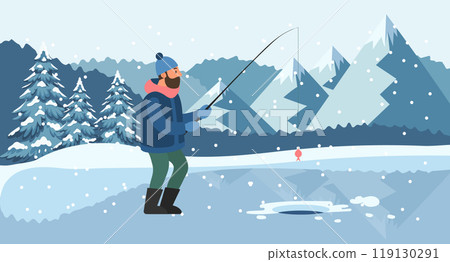 Man on winter fishing. Fisherman with a fishing rod on the background of a winter landscape. Hobby concept. Illustration 119130291