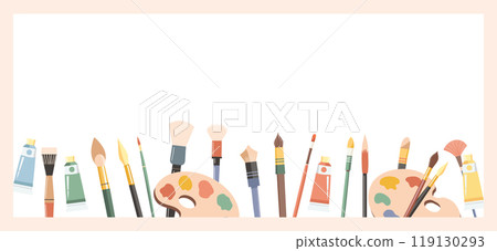 Banner with art supplies. Horizontal advertising background with brushes, paints and artists palette. Creative accessories for hobby. Illustration 119130293