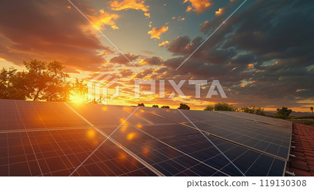 Solar Panels on Rooftop, light over solar panels installed on house rooftop against a cloudy sky 119130308