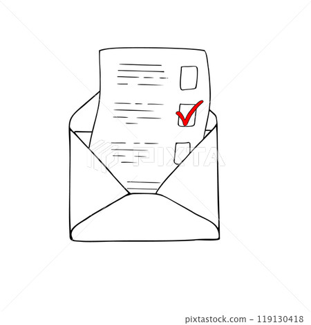 letter with red checkmark in open envelope vector icon line art black ink sketch. Monochrome sign, post outline symbol for election day illustration painted by black inks. For web sites, apps, stores. 119130418