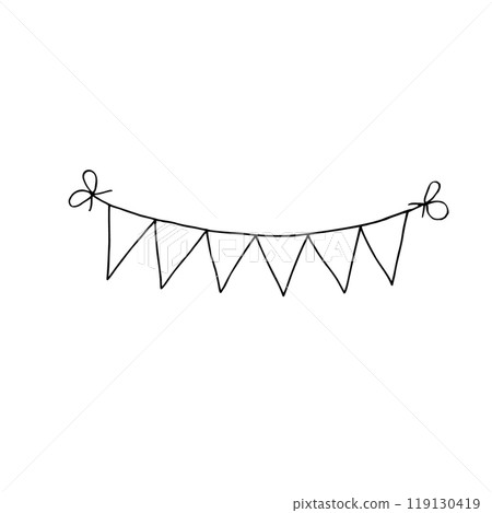 Garland of monochrome simple transparent blank triangular flags with ties vector isolated illustration clip art painted by black inks. Holiday decoration for birthday parties event. 119130419