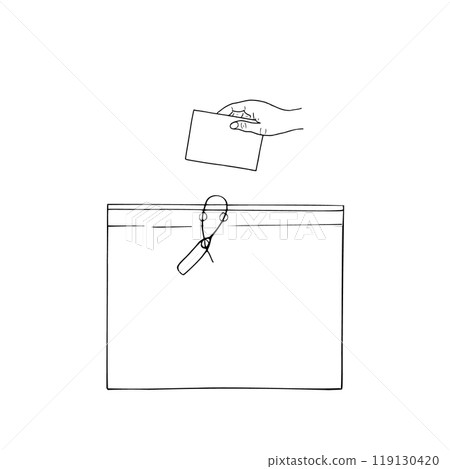 Human hand inserting voting paper into sealed ballot box vector illustration painted by black inks. Empty space for text. Election day concept for brochure, website, presentation, poster. 119130420