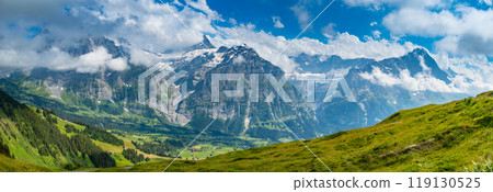 View on the alpine valley Grindelwald. Jungfrau, Switzerland. Under the Bernese alps. Mountain village. 119130525