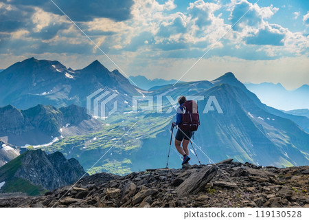 Sporty woman hiking in Switzerland alps. Heathy lifestyle, sport, beauty in nature. Grindelwald valley, Swizz Sporty woman hiking in Switzerland alps. Heathy lifestyle, sport, beauty in nature. Grindelwald valley, Swizz 119130528