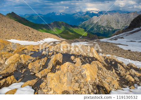 View on the alpine valley Grindelwald. Jungfrau, Switzerland. Under the Bernese alps. Mountain village. 119130532