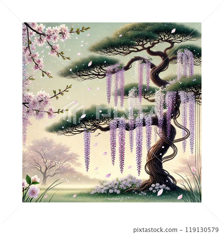 Pine trees, wisteria, and cherry blossoms - a scene to admire in elegance - Generative AI illustration Pine trees, wisteria, and cherry blossoms - a scene to admire in elegance - Generative AI illustration 119130579