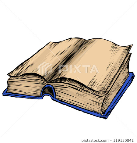 An open thick volume is a book with old yellow paper pages and a blue cover. A book for inserting your text image as a banner or screensaver. Vector illustration An open thick volume is a book with old yellow paper pages and a blue cover. A book for inserting your text image as a banner or screensaver. Vector illustration 119130841