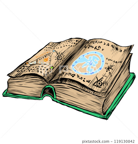 an open thick folio with old yellow pages. Vector illustration is an open magic book with inscriptions runes in an unknown language and some sketches of magical seals and constructs. The book of a an open thick folio with old yellow pages. Vector illustration is an open magic book with inscriptions runes in an unknown language and some sketches of magical seals and constructs. The book of a 119130842