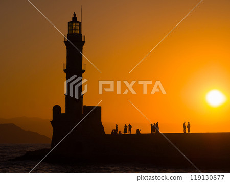 Silhouette of an old lighthouse at sunset (Chania Old Town, Crete, Greece) Silhouette of an old lighthouse at sunset (Chania Old Town, Crete, Greece) 119130877