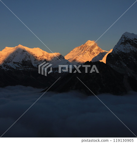 Bright lit peak of Mount Everest in autumn, Nepal. 119130905