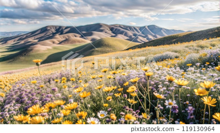 Wildflowers Bloom on a Grassy Hill Near the Carr 119130964