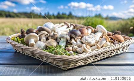 Assortment of Raw Mushrooms in Wicker Tray 119130996
