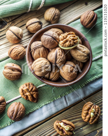 Closeup of Walnuts on Wooden Background 119131020