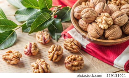 Walnut Kernels on Wooden Background 119131021