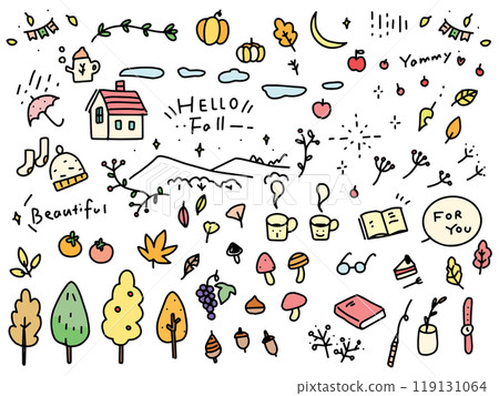 Autumn - cute doodle - heading hand drawn simple color line drawing vector illustration set material 119131064