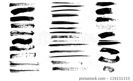 Collection of brush strokes of different sizes and shapes, set of strokes for text, curved and straight lines made in ink, set of drawn grunge black brush strokes isolated on white background 119131153