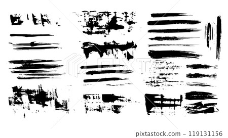 Collection of fuzzy bold horizontal lines for grunge style design, set of black ink strokes, grunge vector wallpapers, set of drawn isolated brush strokes, dashes, thin and thick lines 119131156