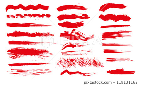 Collection of red brush strokes of different shapes and sizes, wavy and straight lines made with ink, grunge paint roller, vector brush stroke, red stripes isolate, set of drawn red brush strokes Collection of red brush strokes of different shapes and sizes, wavy and straight lines made with ink, grunge paint roller, vector brush stroke, red stripes isolate, set of drawn red brush strokes 119131162