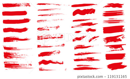 Red rectangular strokes drawn with wide brush of different sizes, set of strokes for design, grunge line collection, brush texture banners, brushes of different sizes and designs for decoration Red rectangular strokes drawn with wide brush of different sizes, set of strokes for design, grunge line collection, brush texture banners, brushes of different sizes and designs for decoration 119131165