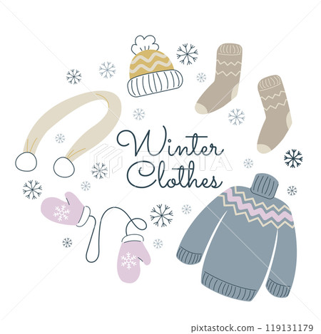 Set of warm clothes frame for sale banner, motivational quote, cozy winter, knitting hobby theme card, flyer, web banner, invitation Isolated on white background 119131179