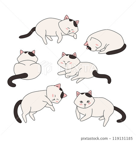 Set of funny doodle cats in different poses. Pets are sleeping comfortably. Vector illustration for design. 119131185
