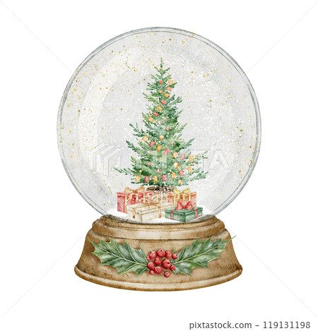 Snow Globe with Christmas Tree with gift boxes. Watercolor illustration of retro glass sphere with Spruce and gift boxes for Xmas greeting cards or New Year invitations. Drawing of round winter decor. Snow Globe with Christmas Tree with gift boxes. Watercolor illustration of retro glass sphere with Spruce and gift boxes for Xmas greeting cards or New Year invitations. Drawing of round winter decor. 119131198