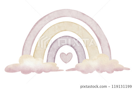 Floral Rainbow with clouds and heart. Watercolor illustration of sky object for Baby shower greeting cards or newborn invitations. Drawing for girls nursery wall art in pastel colors. Floral Rainbow with clouds and heart. Watercolor illustration of sky object for Baby shower greeting cards or newborn invitations. Drawing for girls nursery wall art in pastel colors. 119131199