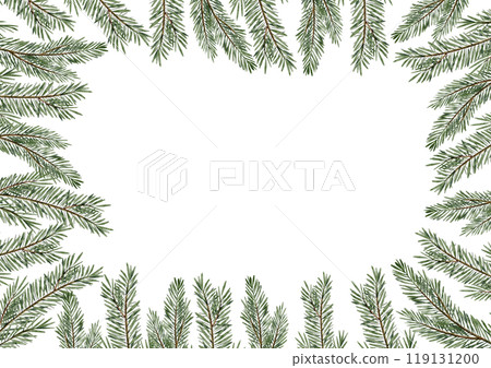 Frame with watercolor Christmas tree branches. Illustration of template for Xmas greeting cards or New Year invitations. Drawing of border with spruce twigs on isolated background. Botanical postcards 119131200