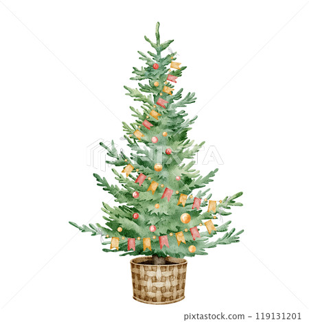 Watercolor Christmas Tree with garlands and lights in a wicker basket. Hand drawn Illustration for Holiday Greeting Cards and New Year Invitations on isolated background. Drawing of evergreen Fir tree Watercolor Christmas Tree with garlands and lights in a wicker basket. Hand drawn Illustration for Holiday Greeting Cards and New Year Invitations on isolated background. Drawing of evergreen Fir tree 119131201