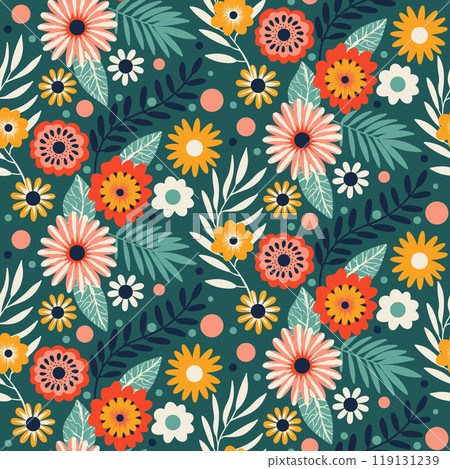 Floral Seamless Half Drop Pattern with Tropical Leaves and Flowers in Green, Red, Pink, Yellow, White. Repeat Wallpaper Print Texture. Perfectly for Wrapping Paper, Textile, Fabric, Decor Ornament. 119131239