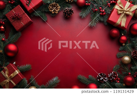 Festive Christmas decorations with ornaments and gifts arranged on a red background 119131429
