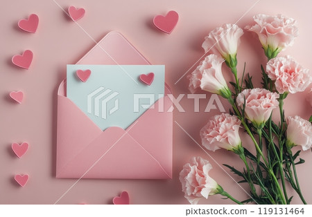A pink envelope with hearts and flowers arranged beautifully for a romantic celebration 119131464