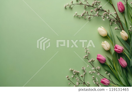 Colorful tulips and delicate flowers arranged beautifully on a teal background in spring 119131465