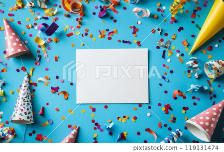 Festive celebration setup with colorful party hats and confetti on a bright blue background 119131474