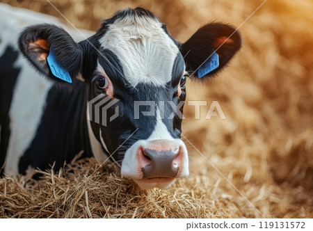 Calf resting comfortably in a straw-filled barn during the afternoon in rural countryside 119131572