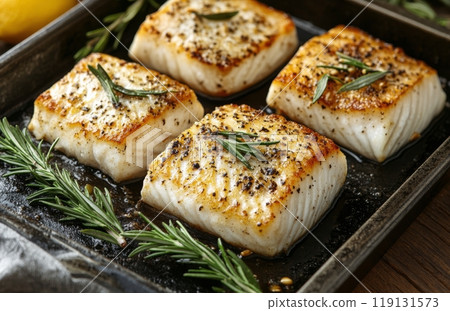 Perfectly seared fish fillets garnished with herbs and lemon on a black plate 119131573