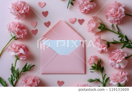 A pink envelope with hearts and flowers arranged beautifully for a romantic celebration 119131609