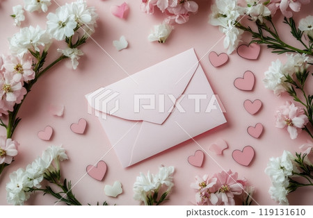 A beautiful arrangement of pink flowers and hearts surrounding a pink envelope on a soft background 119131610
