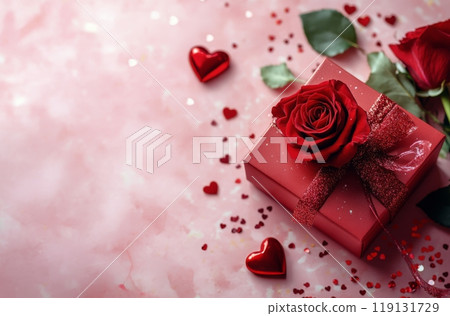 Romantic arrangement featuring red roses and a gift box on a pink background for special occasions 119131729